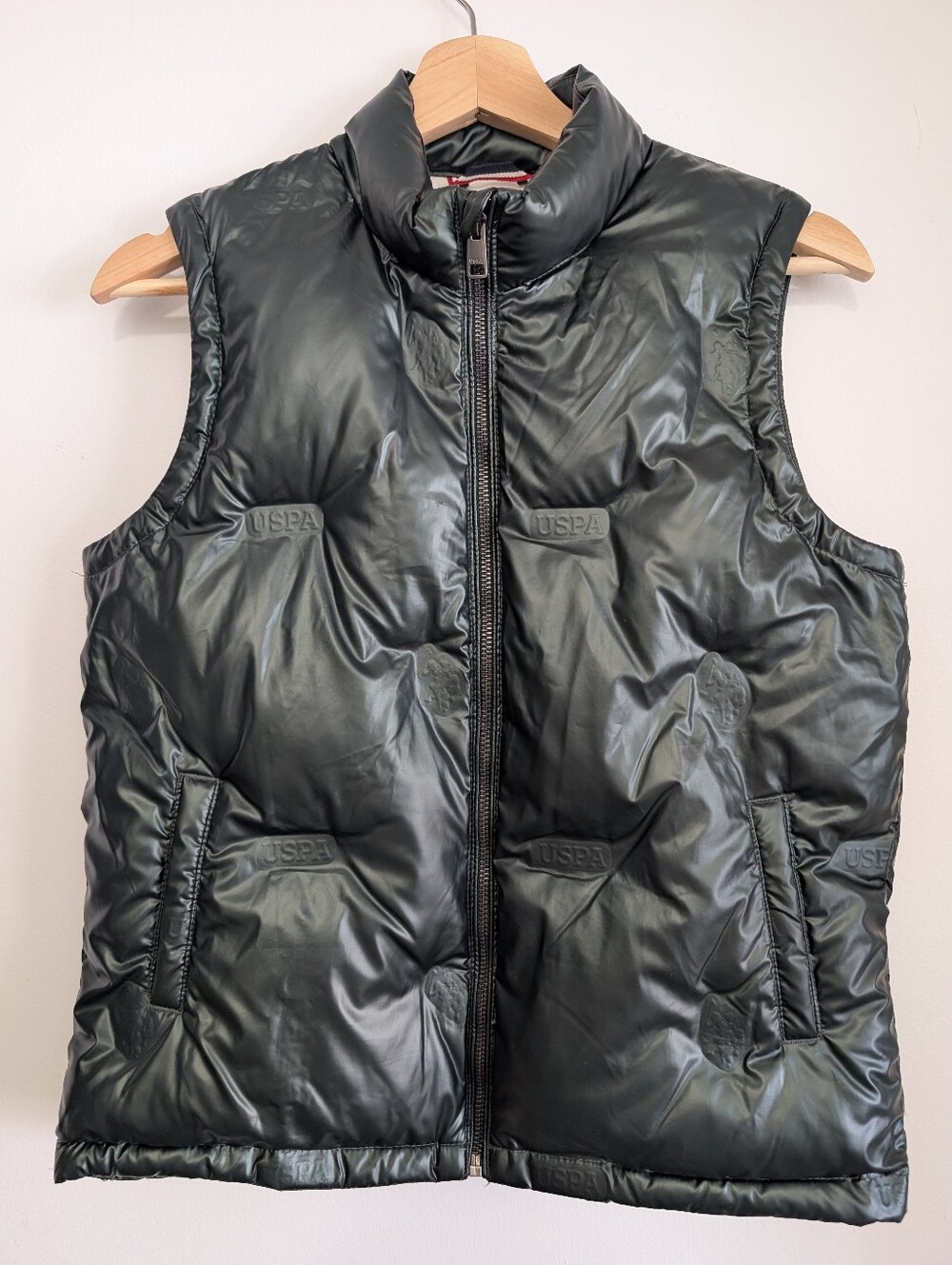 U.S. Polo Assn Puffer Vest Youth Large Shiny Black Green Kids 11-12y Puff Warm
